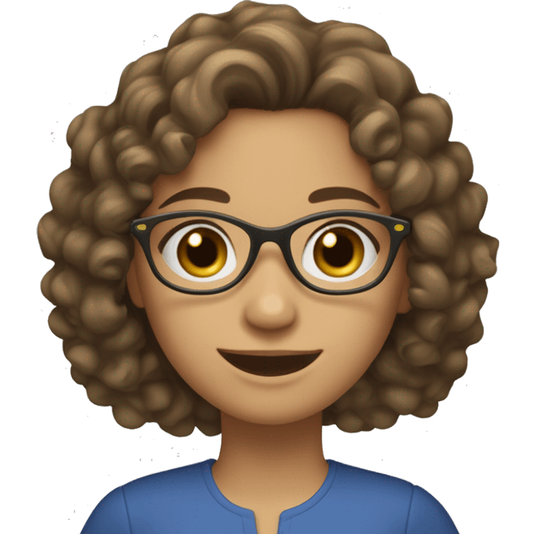 A fair-skinned girl, wearing blue plastic glasses, her hair is curly, she has a beautiful smile, and her left eyebrow is slit. She has dark hazel eyes, her hair is brown and curly, and she wears an olive-coloured blouse emoji