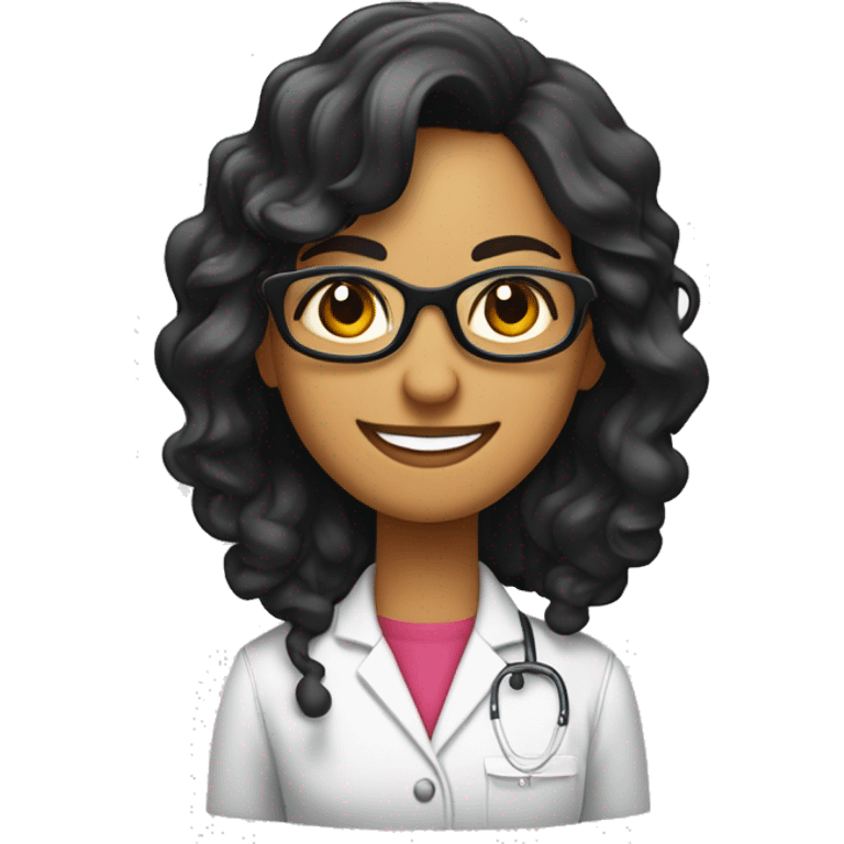 científica, morena de cabello negro ondulado recogido con una cola, con lentes, sonriente, con bata de laboratorio blanca emoji