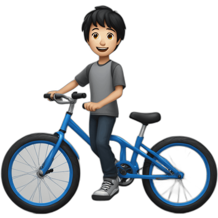 a ten-year-old boy with black hair and blue eyes with freckles juggles on a unicycle emoji