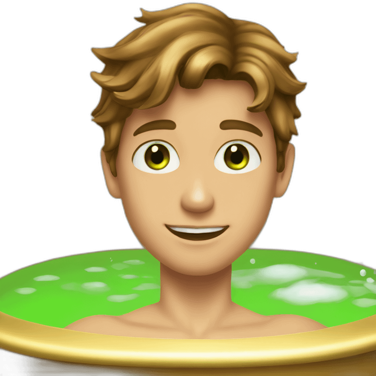 Posh-muscle-boy-brown-hair-green-eyes-pearl-necklace-in-golden-bathtub emoji