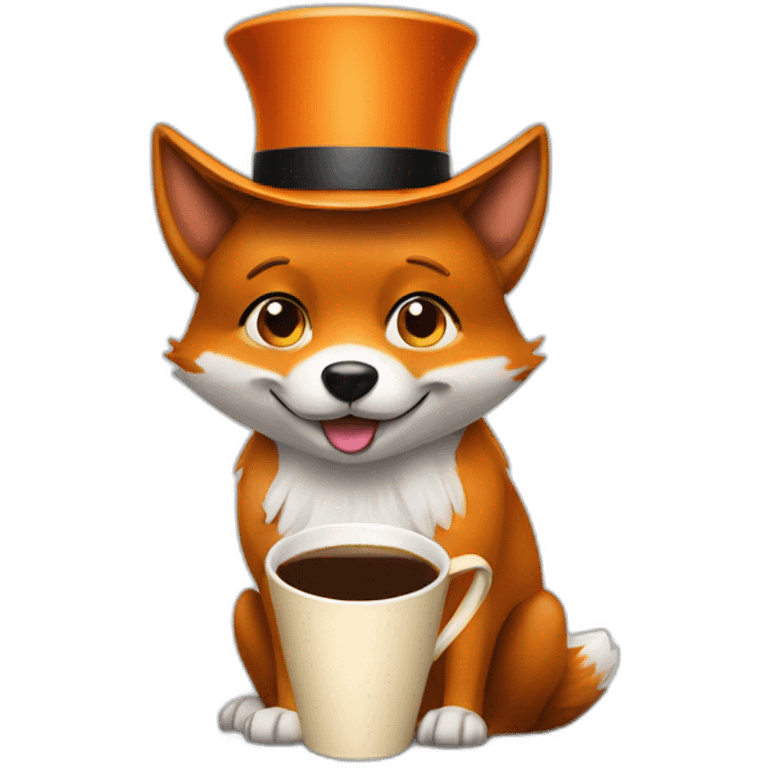 A dog looking like a fox drinking coffee wearing a high hat emoji