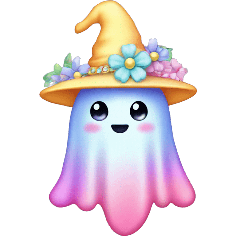 Kawaii rainbow pastel bedazzled ghost wearing witch hat with flowers  emoji