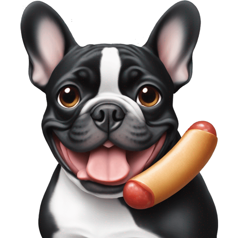 Black & white frenchie eating a sausage emoji