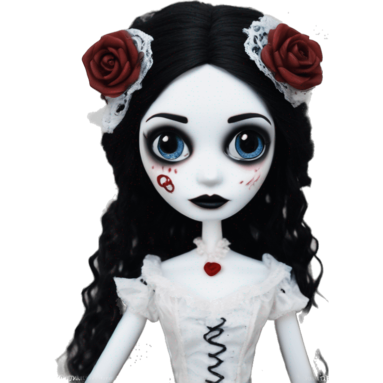 full height, tim burton "corpse bride", porcelain doll with a cracked face, goth makeup watery eyes, long hair, lace and ruffles, lolita style, inked, black and white, red roses emoji