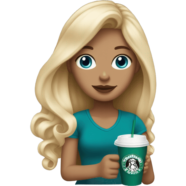 blonde girl blue eyes with Starbucks cup drink emoji