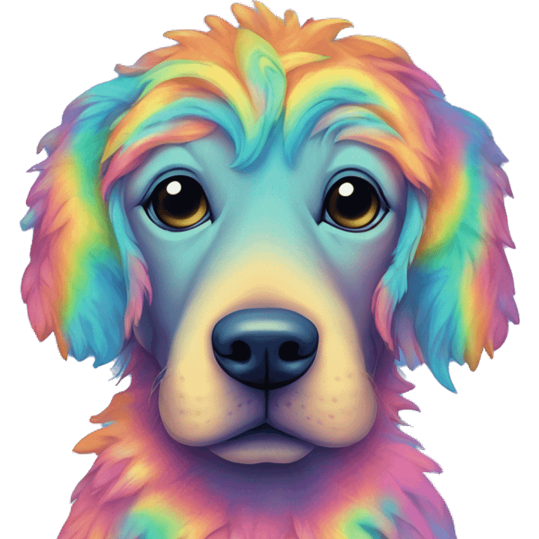 Multicolored rainbow retro groovy tie dye hippie trippy floral patterns on a metallic holographic iridescent blue dog face head unicorn emoji