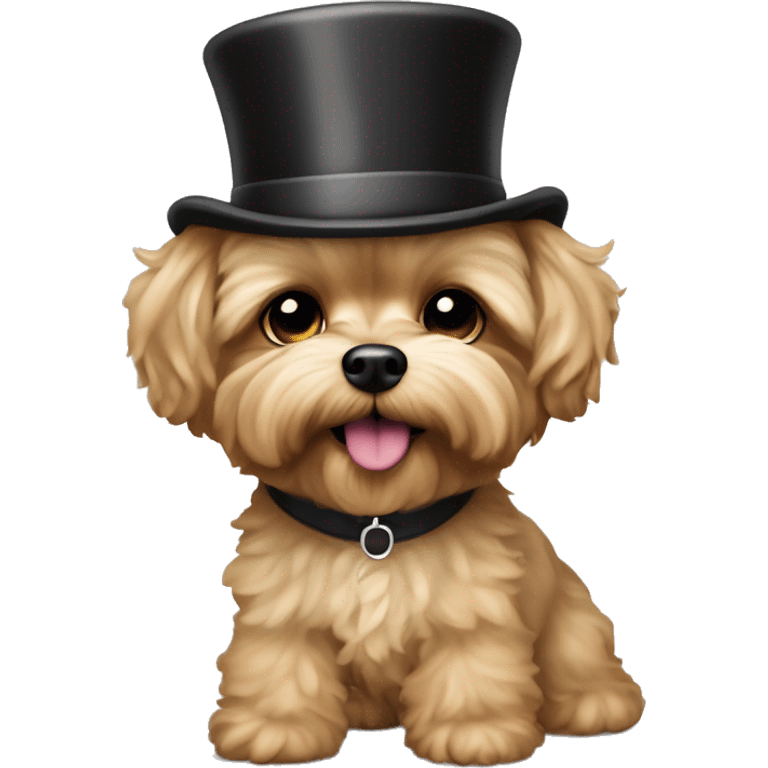 yorkie bichon mix. dog with light tan curly fur, very very long ears down. dark brown eyes, mouth closed. wearing a top hat emoji