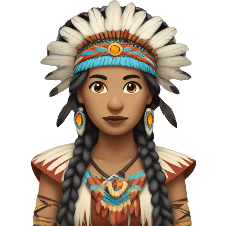 Indigenous woman with long braided hair wearing a regalia emoji