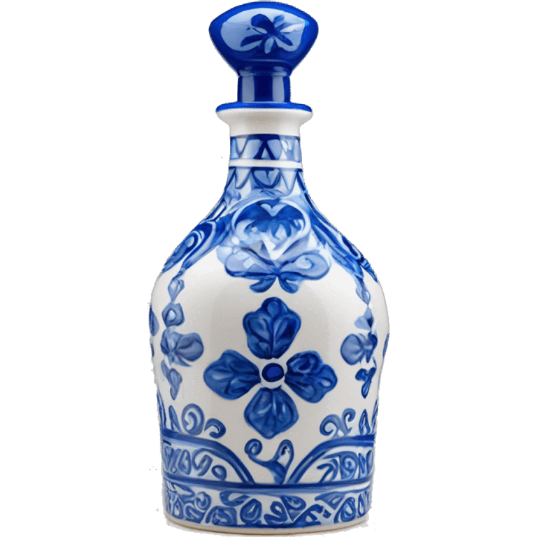 The Clase Azul Tequila bottle has a tall, hourglass-shaped ceramic body, hand-painted in white with cobalt blue floral designs. It’s topped with a distinctive gray, bell-shaped stopper that adds a final elegant touch. emoji