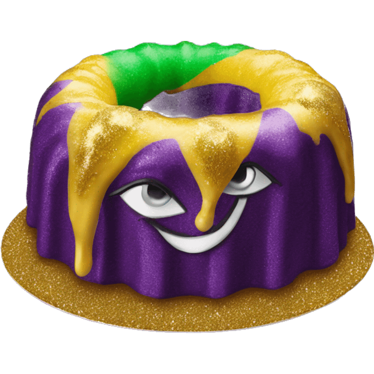 Realistic isolated flat mardi gras oval bundt king cake with glitter icing on top half of the cake. emoji