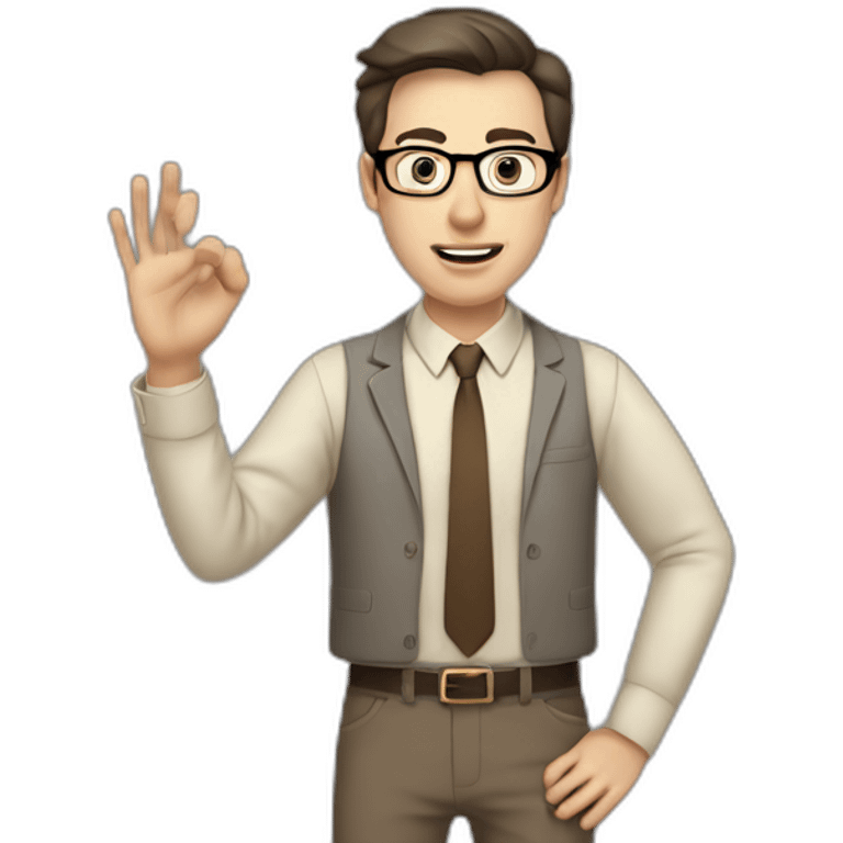 To belt Actively gesturing with hands Pale skinned fit man teacher with dark brown hair in gray jacket, beige office shirt, brown tie, brown pants and vintage glasses. emoji