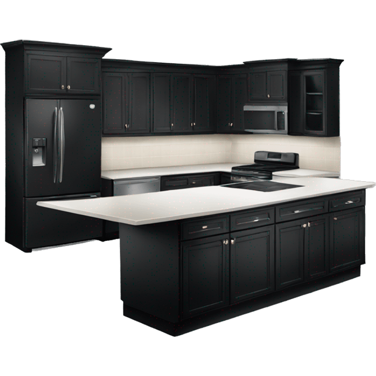 Isolated full length Realistic black kitchen range with cabinets and counters emoji