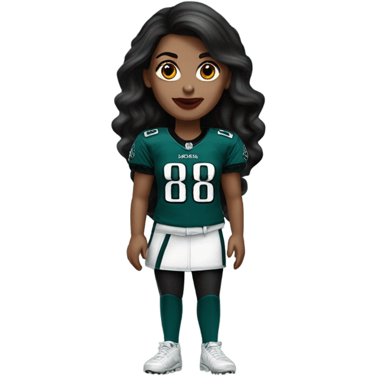 White female long dark hair red lips wearing Philadelphia Eagles jersey emoji