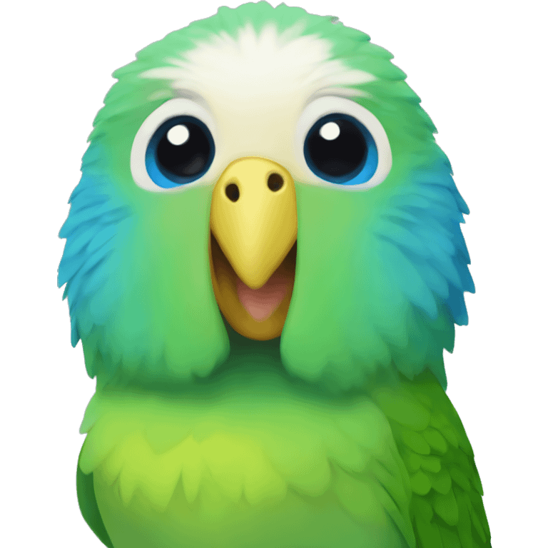 a green male budgie with a yellow head and a blue nose above the beak emoji