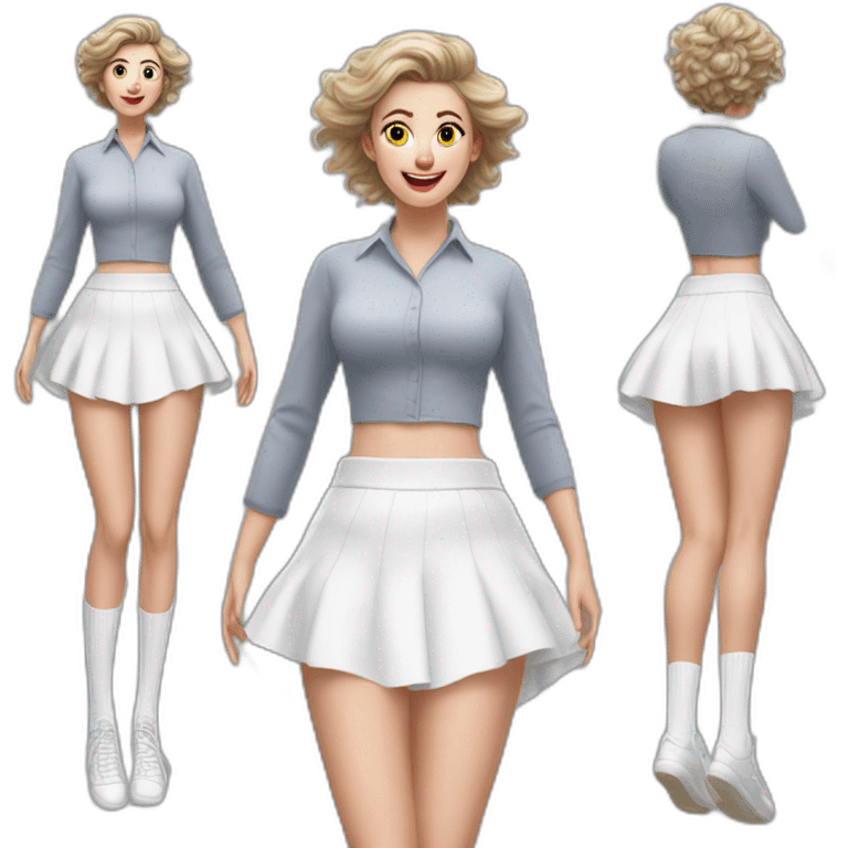 Hyperrealistic Full body Caucasian curvy beauty jumping short white skirt back and front views strong wind knickers long white socks emoji