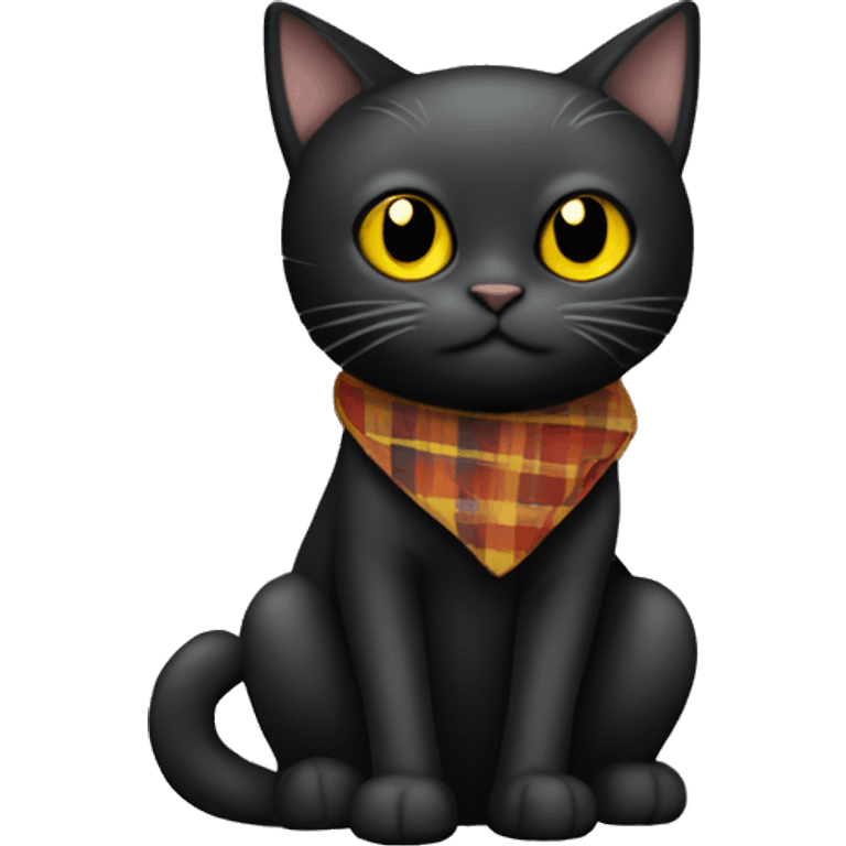 A black cat with yellow eyes is wrapped in a plaid emoji