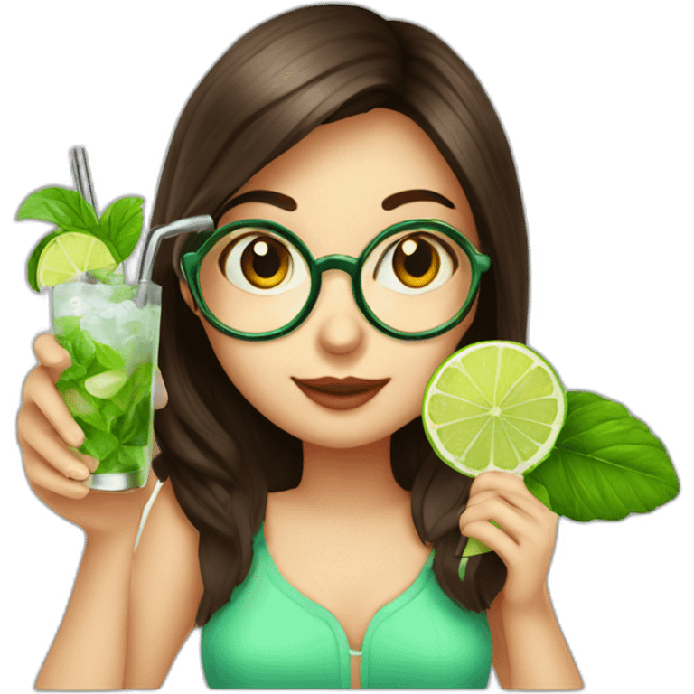 brunette girl + magnifying glass drinking mojito emoji