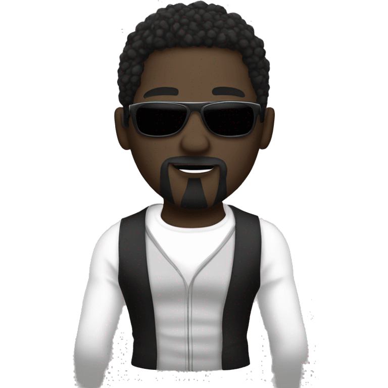 A rap singer, with white skin, a black face mask, a white dress, and a white vest. Male emoji