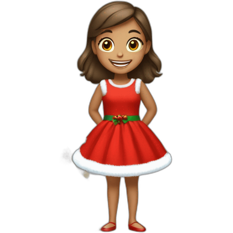 happy girl with red cristmas dress and gifts under cristmas tree emoji