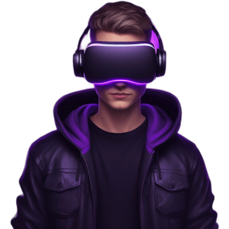 Russian young man wearing a black hoodie with "keesy" letters on it and VR headset in a cyberpunk VR environment with violet neon lighting. emoji