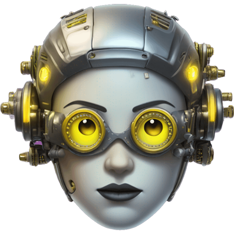 Fat faced Caucasian female cyborg head with Neon yellow bobbed hair, silver steampunk goggles and circuits emoji