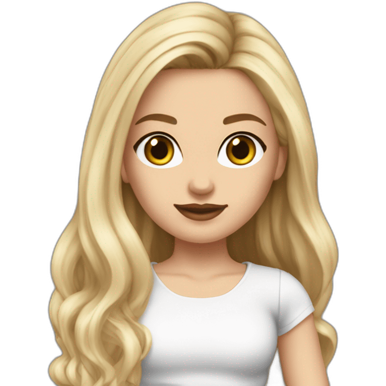 realistic caucasian long blonde hair dark brown eyes woman white crop top gray mini skirt black high heels emoji