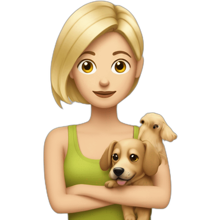 mujer rubia de pelo corto con su perro pincher en brazos emoji