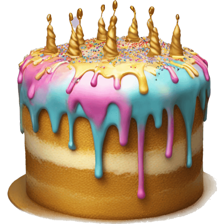 Realistic isolated colorful cake with metallic gold icing dripping from top and all down along the cake emoji