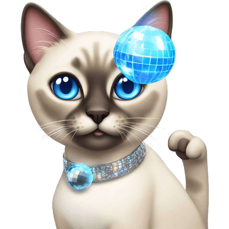 blue eyed siamese Tabby mixed cat holding a disco ball emoji