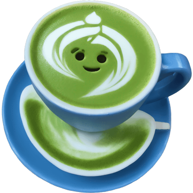 Blue matcha latte with a pretty latte art emoji