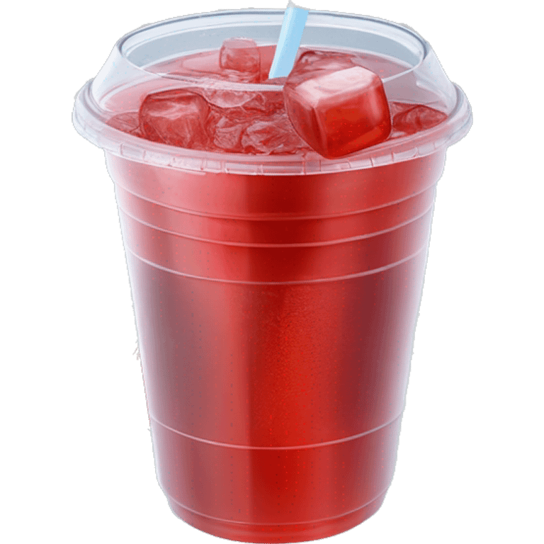 Realistic plastic cup and lid with Transluscent red soda and large ice cubes inside and one straw through the top of the lid. emoji