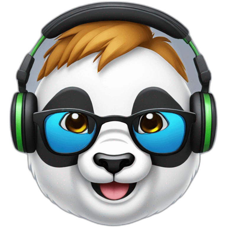 smiling geek head panda with headphone and circular glasses emoji