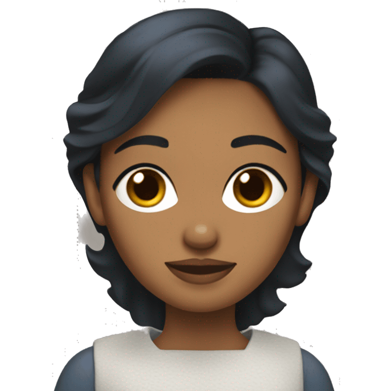 Apple style brown woman with medium black hair holding blue heeler emoji