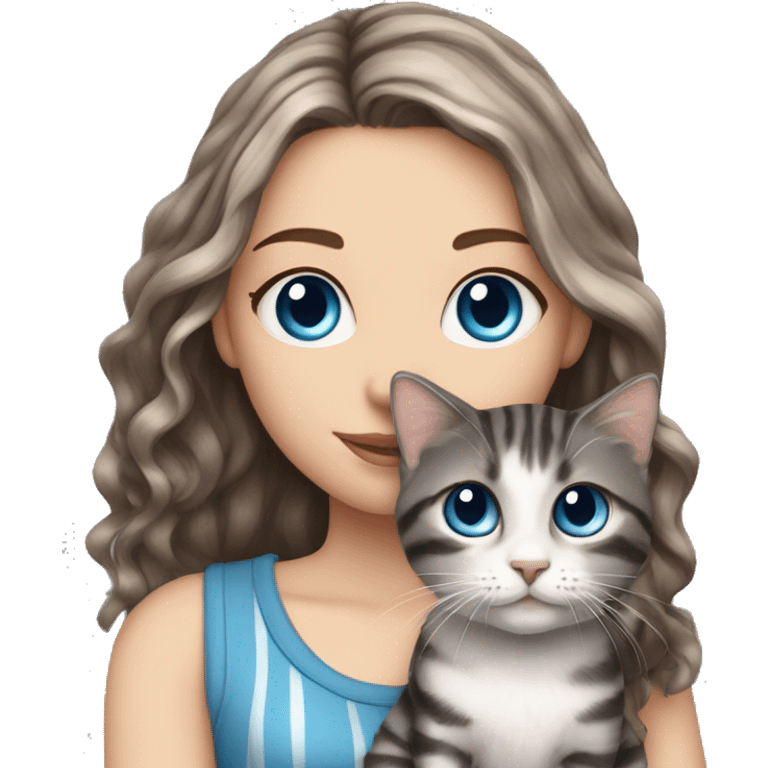 A White girl with long wavy brown hair and blue eyes holds a small gray with black stripes kitten emoji