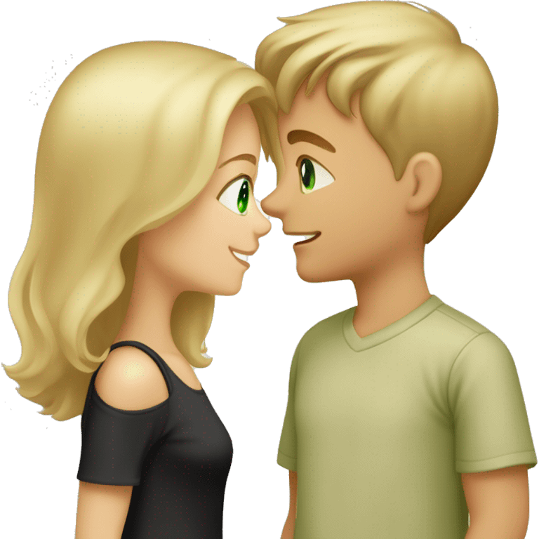 boy and girl with dirty-blond hair and light green eyes. Boy is wearing light khaki t shirt. He has a short mustache and fresh haircut. Girl is wearing off shoulders black top. They are looking at each other lovingly. Boy is taller than girl. emoji