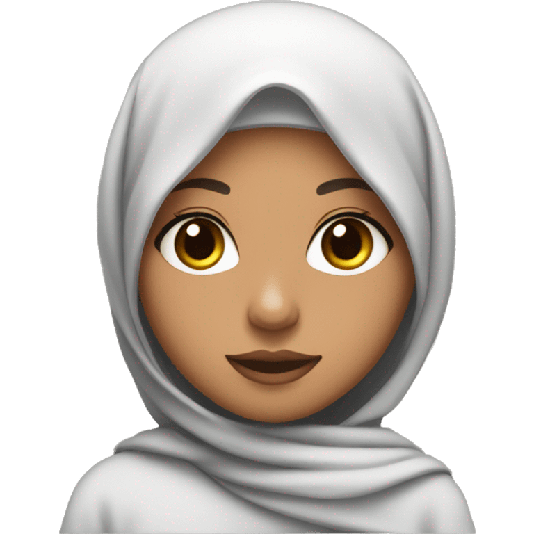 Lightskin girl with black hijab, bug briws and dark brown eyes in front of macbook emoji