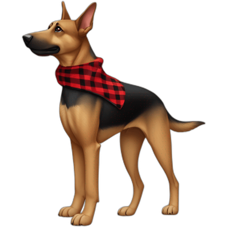 75% Coonhound 25% German Shepherd mix dog wearing small pointed red buffalo plaid bandana pointing down side view full body facing left emoji