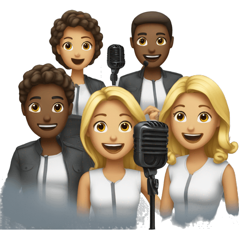 team mixed gender singing into microphone emoji