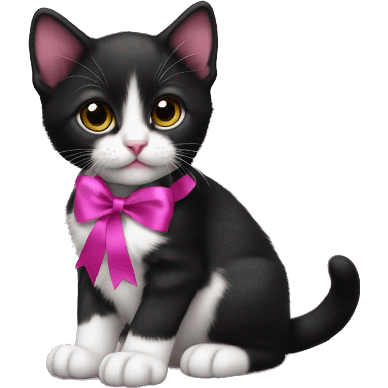 Baby Tuxedo kitten with a magenta ribbon  emoji