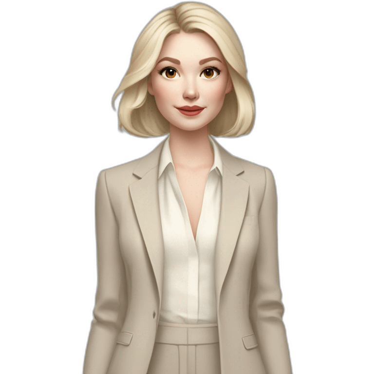 pale skin woman with ash blonde Straightened bob Hair, White Spacious classical jacket, beige palazzo Arrow pants and gray blouse holding a color palettes in the hands emoji