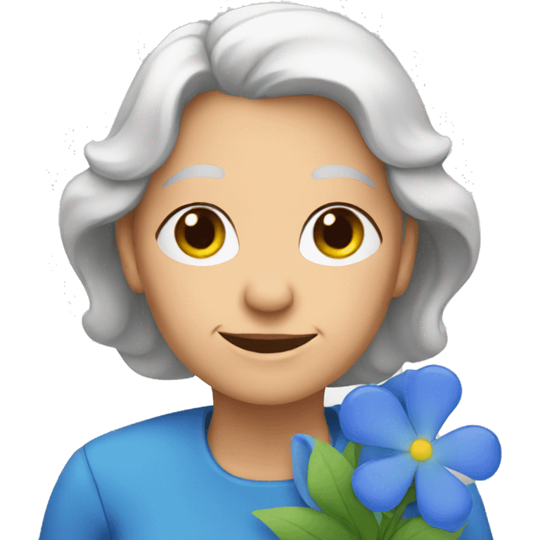 an old woman holds blue flowers emoji