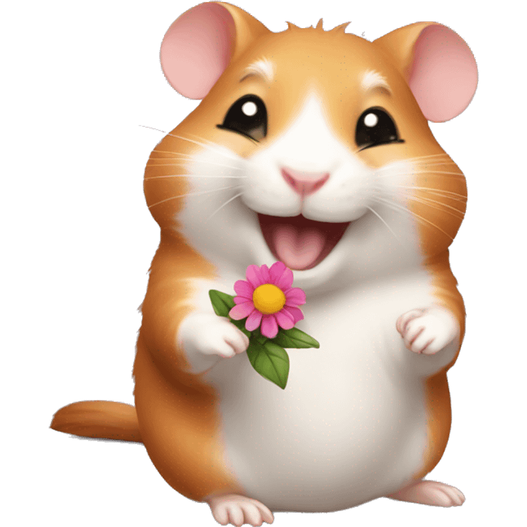 A red-haired hamster laughing with a flower emoji