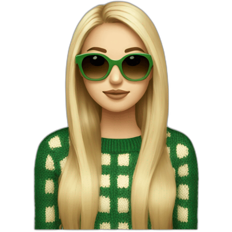 a blonde girl with highlights, long hair, hair parted in the middle and a square head shape wearing yellow brownish sunglasses and a knitted checkered green an beige jumper emoji