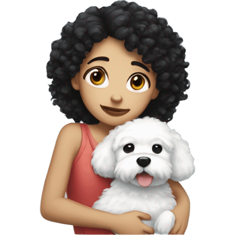 A girl with black curly hair hugging a white fluffy dog  emoji