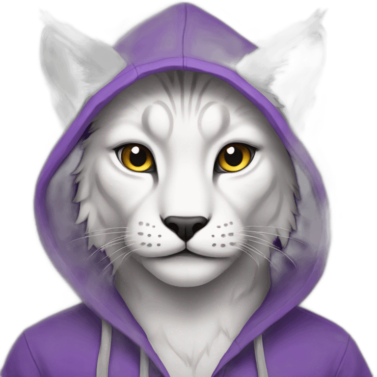 white lynx in a purple hoodie emoji