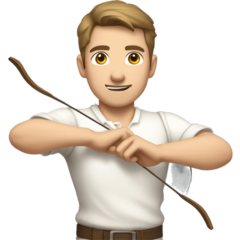 a male archer bending a bow, wearing a white shirt, very short brown hair, bright skin, only show upper part of the body from waist up emoji