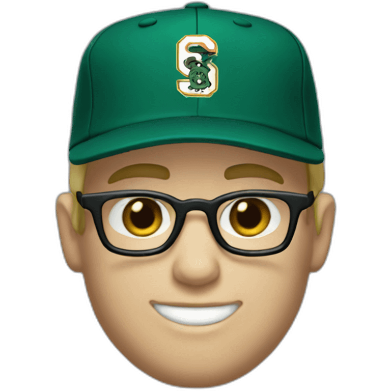 baseball card character. Blonde male. Short hair with glasses. Dark green uniform with hat. Blue eyes and a cobra snake logo on the hat emoji