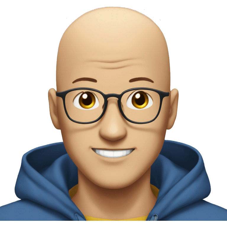 bald saitama in his 30s wearing glasses, smiling, in a blue hoodie emoji