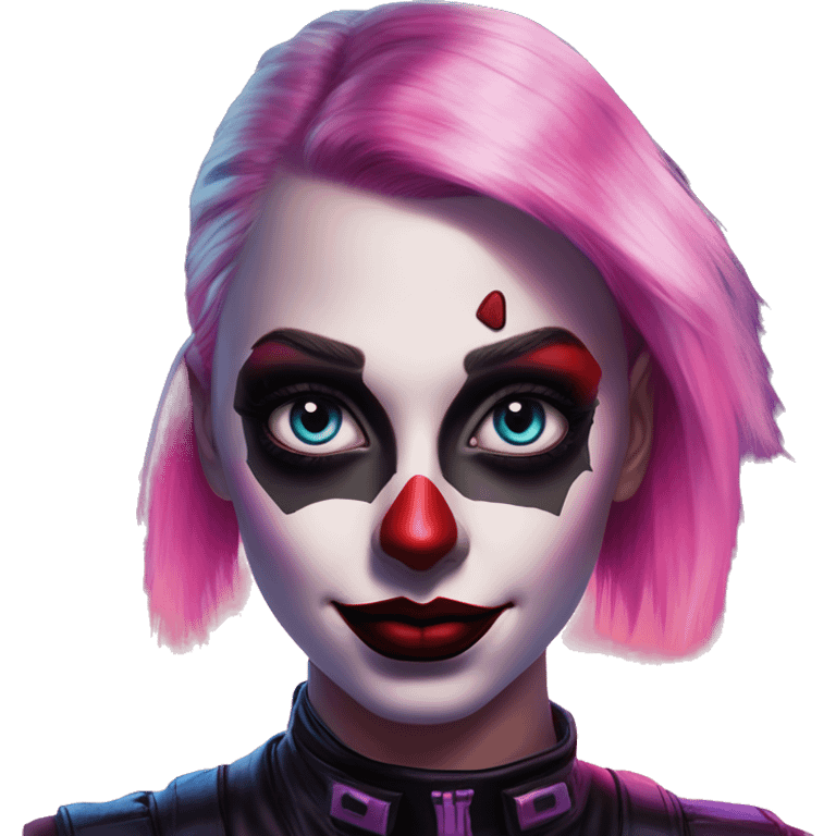 Synthwave programmer in Harley Quinn style, oil paint, mysterious eyes, intricate lips, masterpiece portrait, odd perspective, beautiful, desirable, logical emoji