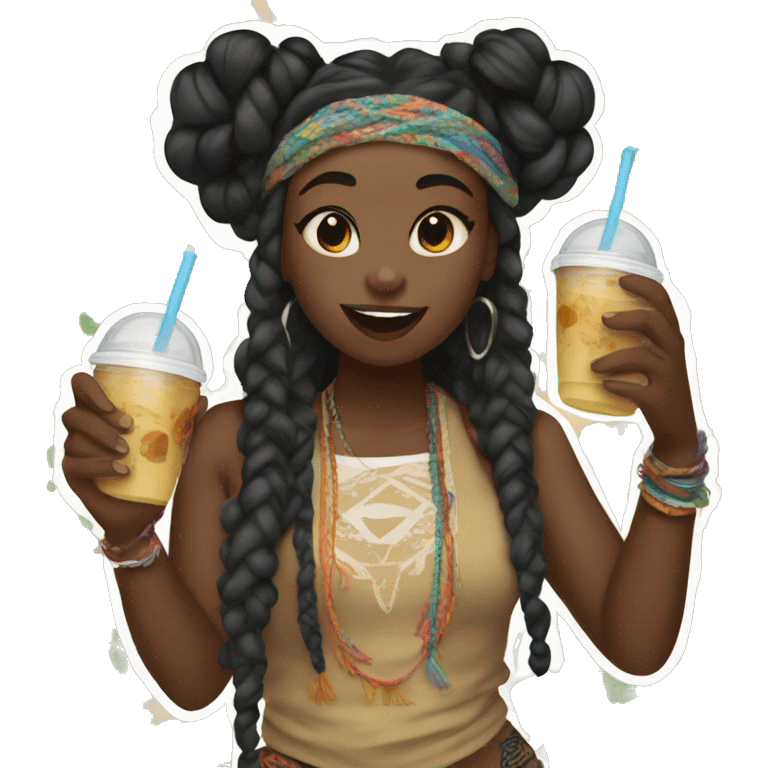 Black girl with boho braids drinking boba at a festival  emoji